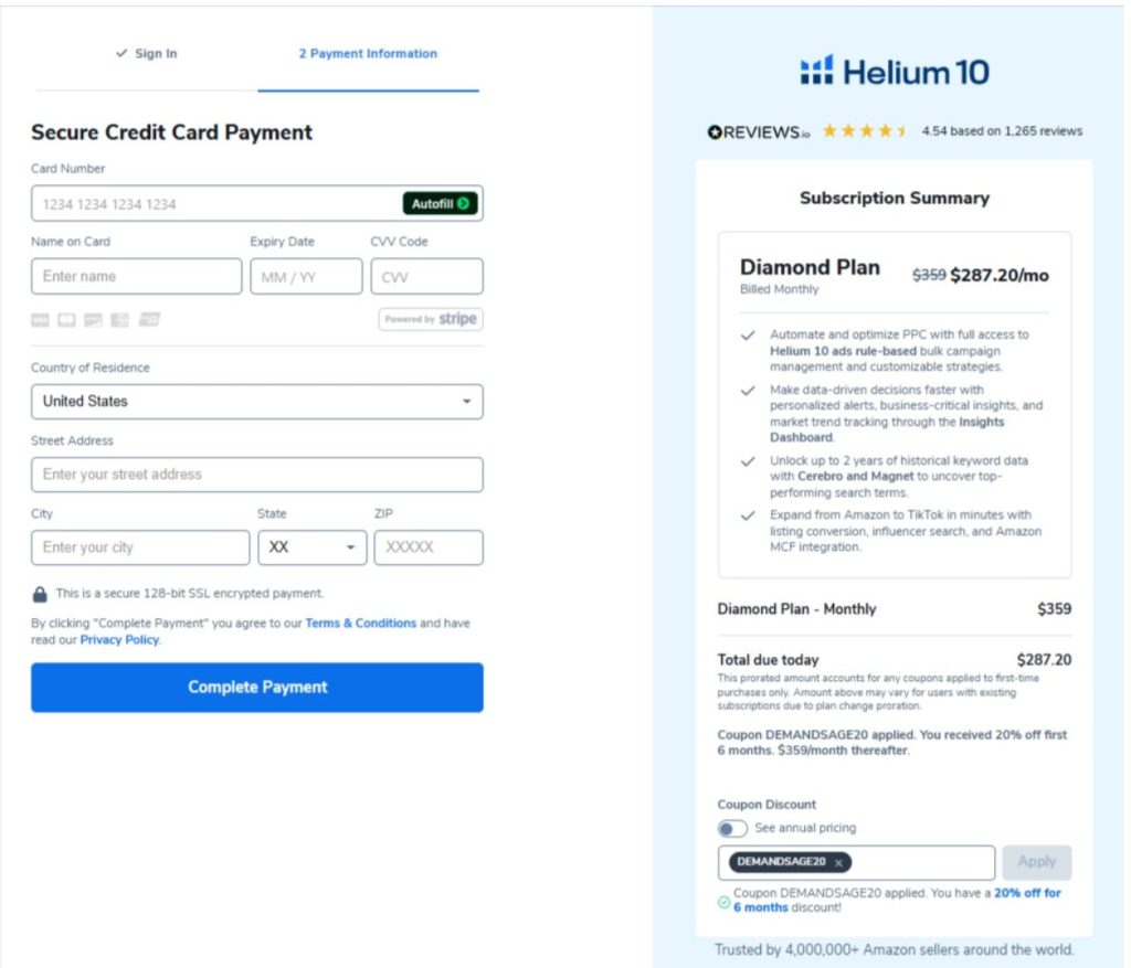 Enter Your Payment Details on Helium 10